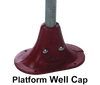 Handcrafted platform well cap in red cast iron with a galvanized pipe attachment, designed for durable use in Amish farming, yard water systems, USA Made water pumps, and deep well appliances collections.