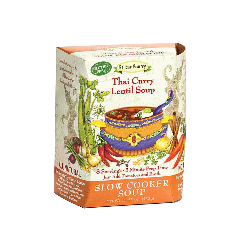 Handcrafted all-natural Thai Curry Lentil Soup slow cooker mix with gluten-free ingredients, ready in five minutes, made in USA, featured in Kitchen & Food, Dry Goods, and Soups collections.