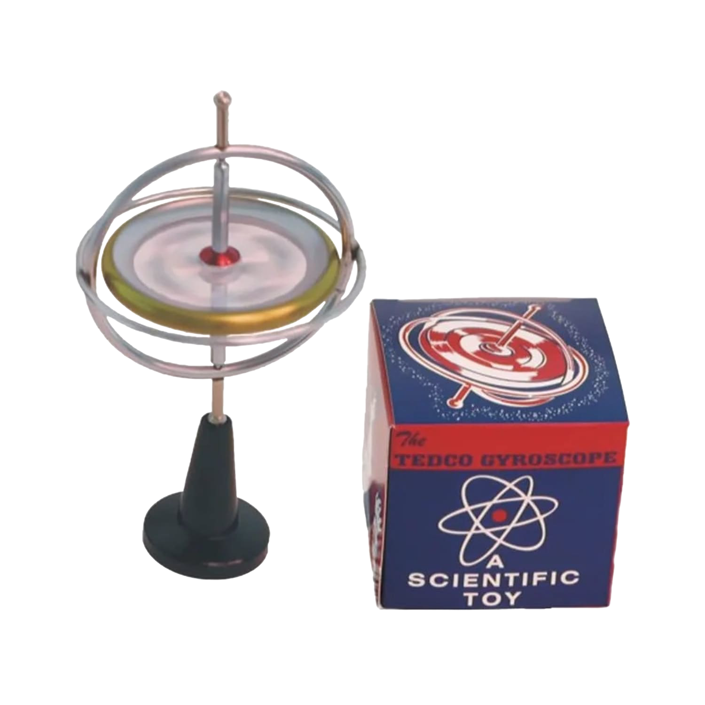 Metal gyroscope with spinning disc mounted on a black plastic stand next to a colorful vintage-style box, featuring classic scientific toy design, part of USA Made and Toys, Books & Games collections.