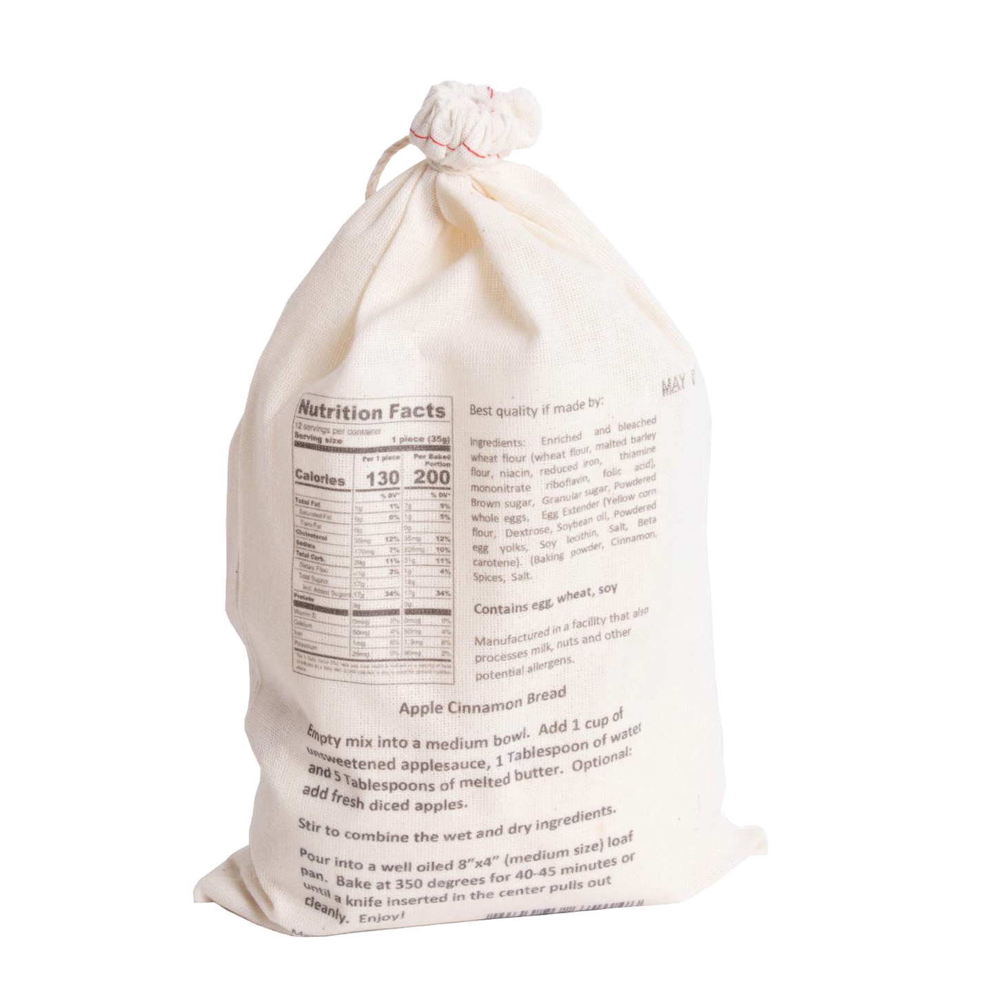 Soft fabric drawstring bag containing handcrafted bread mix with nutritional information and baking instructions, ideal for Kitchen & Food, Pantry, Dry Goods and Mixes, Best Sellers, and Promo Eligible collections.