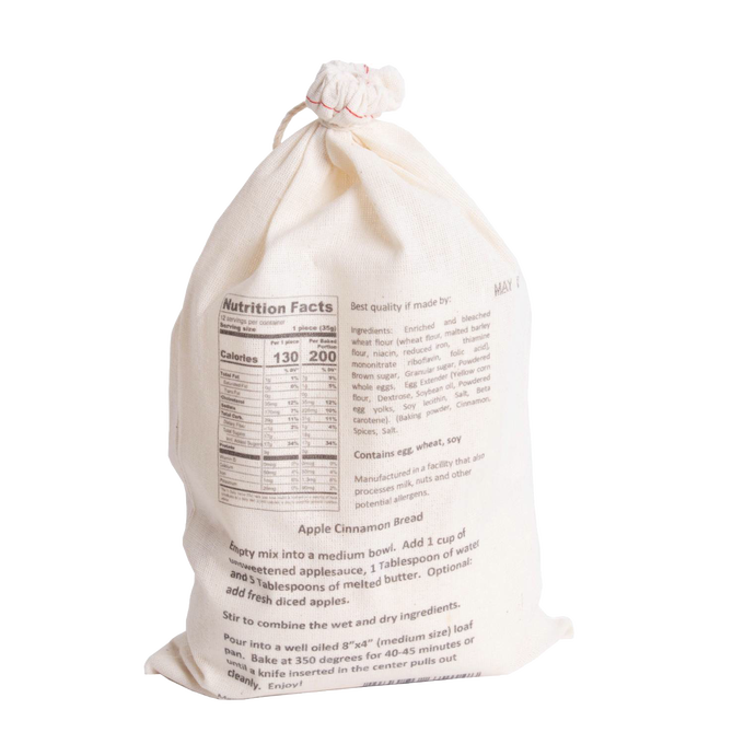 Soft fabric drawstring bag containing handcrafted bread mix with nutritional information and baking instructions, ideal for Kitchen & Food, Pantry, Dry Goods and Mixes, Best Sellers, and Promo Eligible collections.