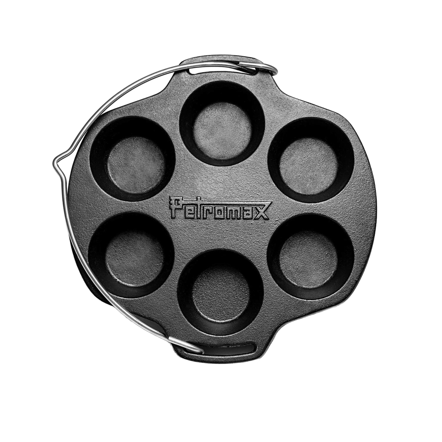Round cast iron muffin pan with six cups and integrated handle, crafted for reliable outdoor and indoor cooking, suited for Farm, Garden & Tool, Camping, Kitchen & Food, and Cookware collections.