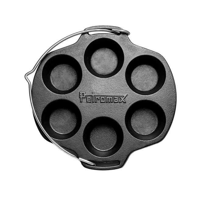 Round cast iron muffin pan with six cups and integrated handle, crafted for reliable outdoor and indoor cooking, suited for Farm, Garden & Tool, Camping, Kitchen & Food, and Cookware collections.