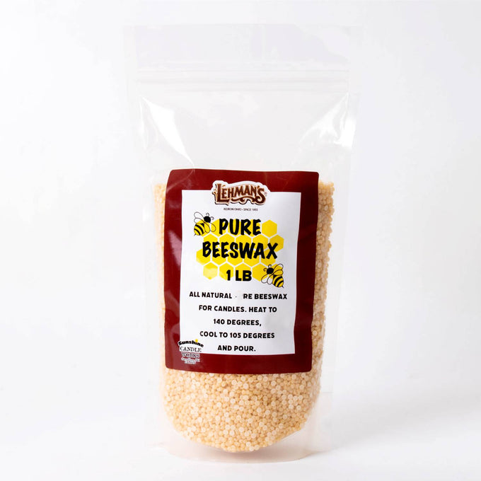 Clear resealable bag filled with natural beeswax pellets for candle making, featuring a brown label with yellow hexagonal accents, ideal for lamps, lighting, and crafting supplies.