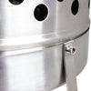 Close-up of brushed stainless steel fire barrel with round ventilation holes and sturdy handle attachment, designed for outdoor use in Farm, Garden & Tool, Camping, and Best Sellers collections.