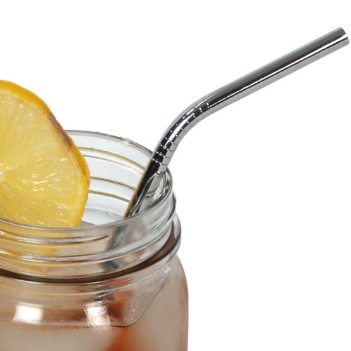 Polished stainless steel drinking straw with a gentle bend, inserted in a glass jar filled with iced beverage and garnished with a lemon slice, ideal for Kitchen & Food and Kitchen Accessories collections.