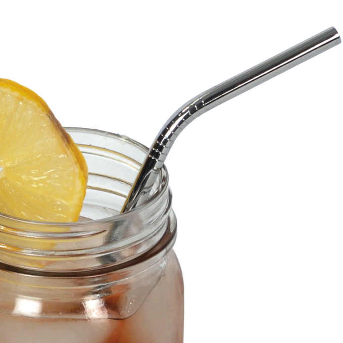 Polished stainless steel drinking straw with a gentle bend, inserted in a glass jar filled with iced beverage and garnished with a lemon slice, ideal for Kitchen & Food and Kitchen Accessories collections.