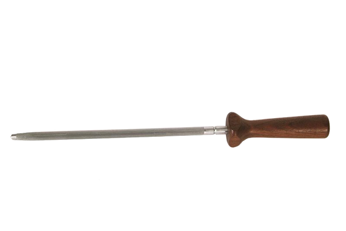 Traditional butcher steel with polished metal honing rod and smooth wooden handle, designed for maintaining sharp knives, ideal for Kitchen & Food, Food Prep, Knives, Sharpeners and Cutting Boards, Best Sellers, and Promo Eligible collections.