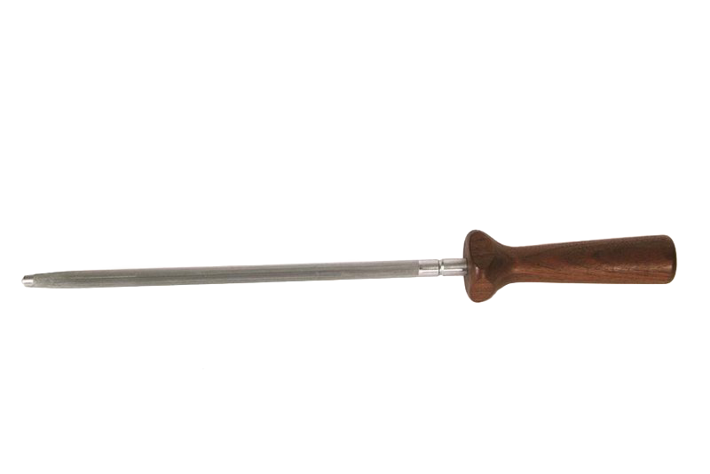 Traditional butcher steel with polished metal honing rod and smooth wooden handle, designed for maintaining sharp knives, ideal for Kitchen & Food, Food Prep, Knives, Sharpeners and Cutting Boards, Best Sellers, and Promo Eligible collections.