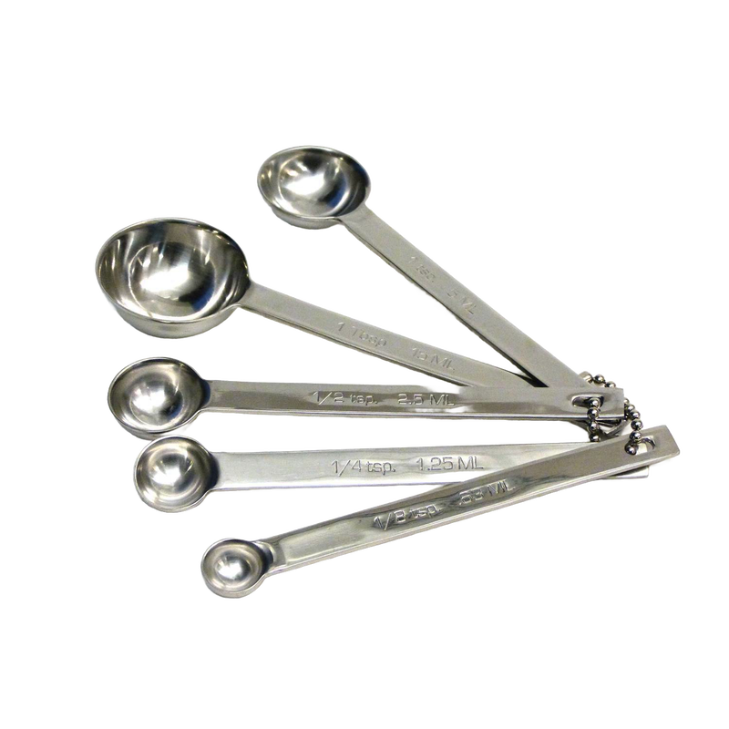Set of five linked stainless steel measuring spoons with engraved measurements, crafted for durability and ease of use; featured in Kitchen & Food, Food Prep, Measuring, Best Sellers, and Promo Eligible collections.