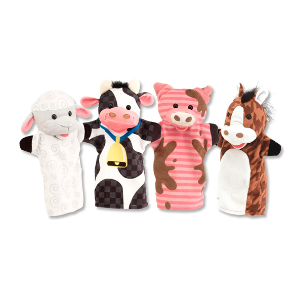 Set of four colorful farm animal hand puppets made with washable fabrics, perfect for imaginative play in Toys, Books & Games, Children's Toys, Dolls and Doll Accessories, Indoor Play, Best Sellers, and Promo Eligible collections.