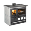 Wood-burning cook stove with porcelain enameled steel oven, polished cast iron cooking plates, and extractable ash drawer, featured in Stoves, Cookstoves, and Best Sellers collections.