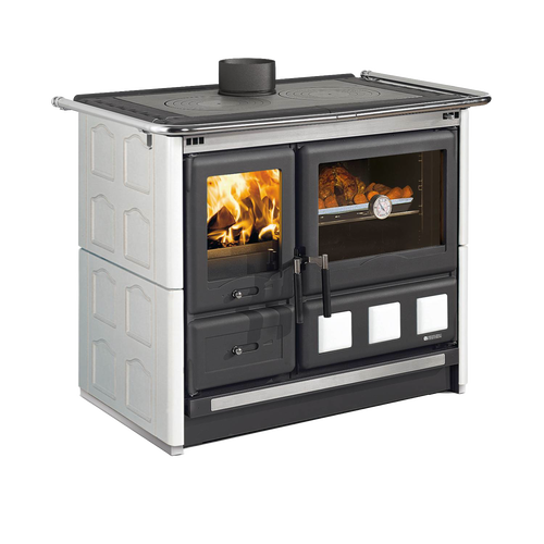 Wood-burning cook stove with porcelain enameled steel oven, polished cast iron cooking plates, and extractable ash drawer, featured in Stoves, Cookstoves, and Best Sellers collections.