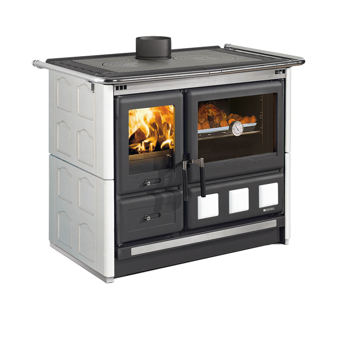 Wood-burning cook stove with porcelain enameled steel oven, polished cast iron cooking plates, and extractable ash drawer, featured in Stoves, Cookstoves, and Best Sellers collections.