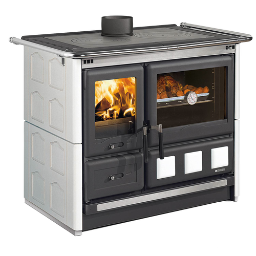 Freestanding wood cook stove with polished cast iron top cooking plates, porcelain enameled steel oven with viewing window, extractable ash drawer, and cast iron refractory hearth, featured in Stoves, Cookstoves, Best Sellers, and All Stoves & Appliances collections.