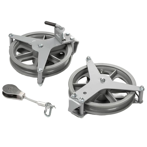 Pair of handcrafted durable powder-coated aluminum clothesline pulleys with mounting hardware, designed for efficient line drying, part of Home & Decor, Laundry Supplies, USA Made, Amish Made collections.