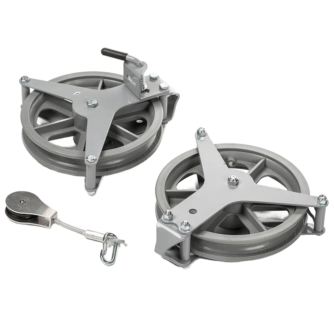 Pair of handcrafted durable powder-coated aluminum clothesline pulleys with mounting hardware, designed for efficient line drying, part of Home & Decor, Laundry Supplies, USA Made, Amish Made collections.