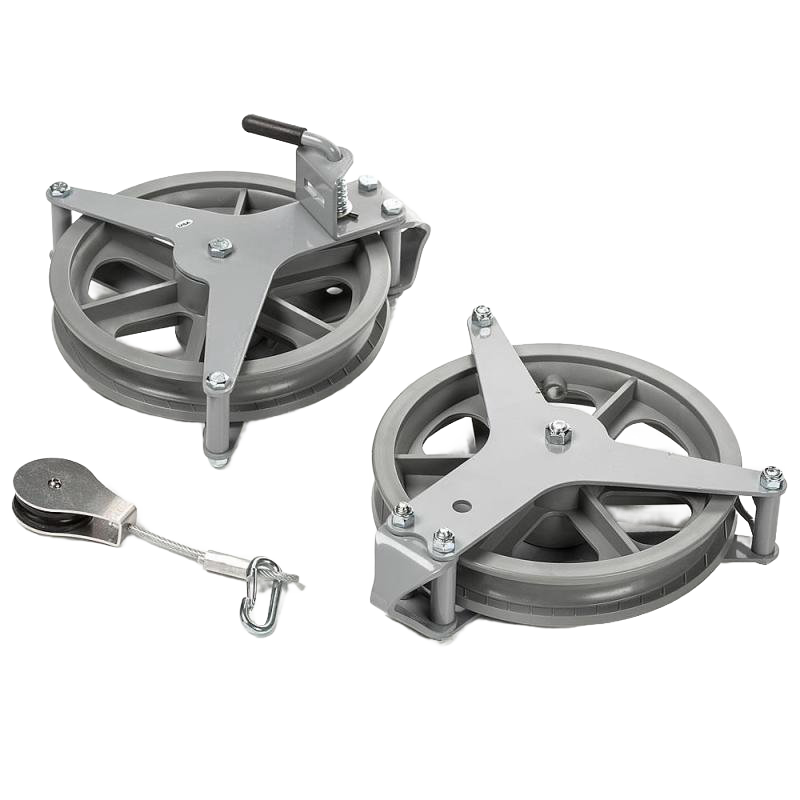 Pair of handcrafted durable powder-coated aluminum clothesline pulleys with mounting hardware, designed for efficient line drying, part of Home & Decor, Laundry Supplies, USA Made, Amish Made collections.