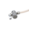 Compact polished metal valve with attached white flexible hose, designed for easy faucet connection, suitable for appliances, emergency supplies, and water treatment collections.