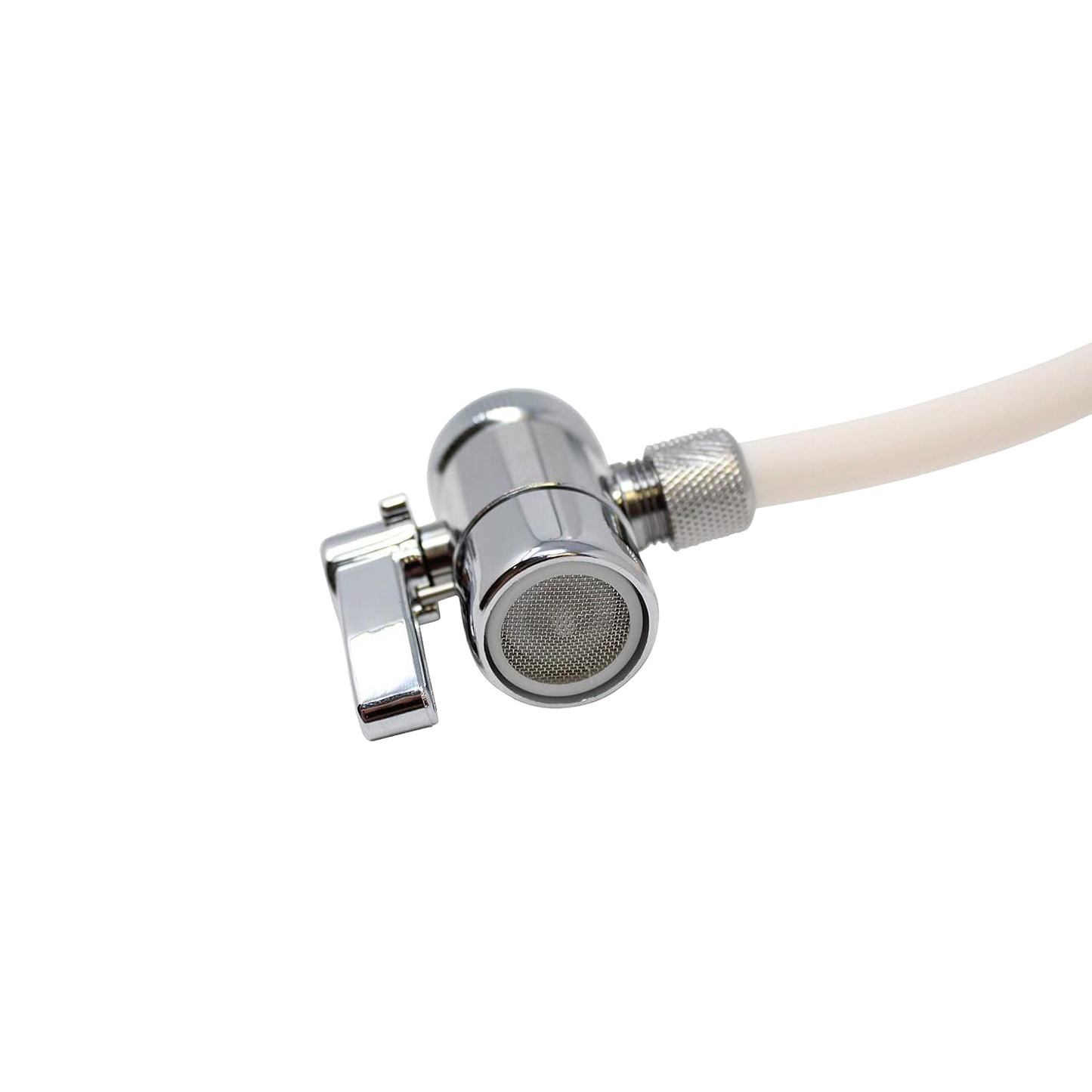 Compact polished metal valve with attached white flexible hose, designed for easy faucet connection, suitable for appliances, emergency supplies, and water treatment collections.