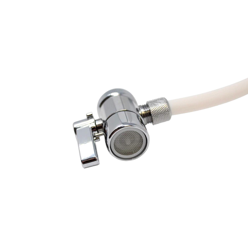 Compact polished metal valve with attached white flexible hose, designed for easy faucet connection, suitable for appliances, emergency supplies, and water treatment collections.