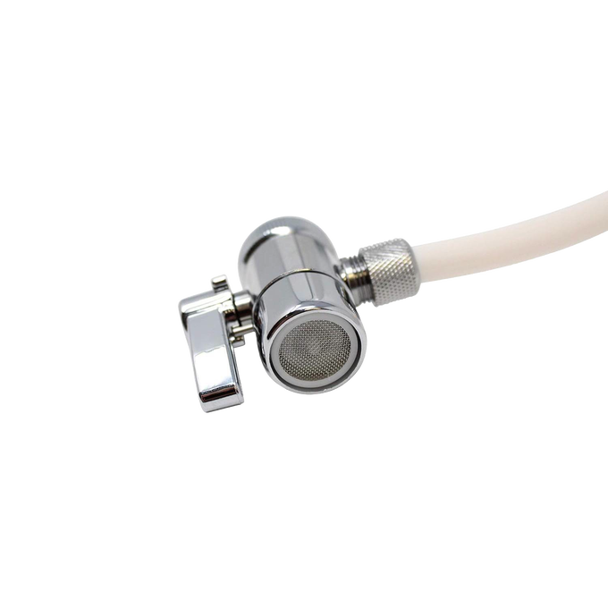 Compact polished metal valve with attached white flexible hose, designed for easy faucet connection, suitable for appliances, emergency supplies, and water treatment collections.