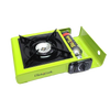 Portable lime green outdoor single-burner stove with cast aluminum burner and piezo ignition, using butane notched collar fuel cartridge, suitable for camping, emergency, and farm use.