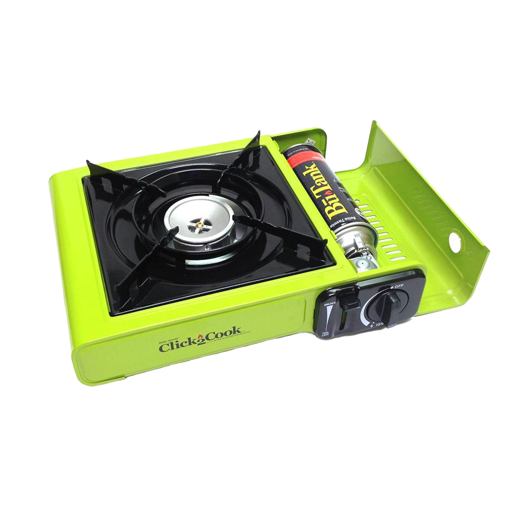 Portable lime green outdoor single-burner stove with cast aluminum burner and piezo ignition, using butane notched collar fuel cartridge, suitable for camping, emergency, and farm use.