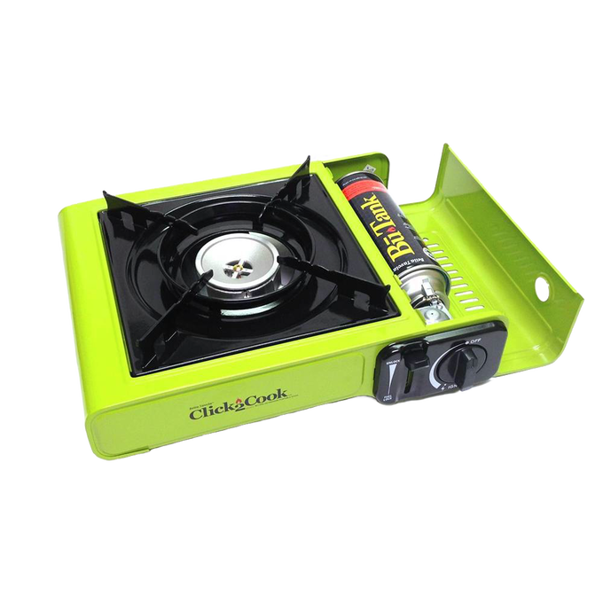 Portable lime green outdoor single-burner stove with cast aluminum burner and piezo ignition, using butane notched collar fuel cartridge, suitable for camping, emergency, and farm use.