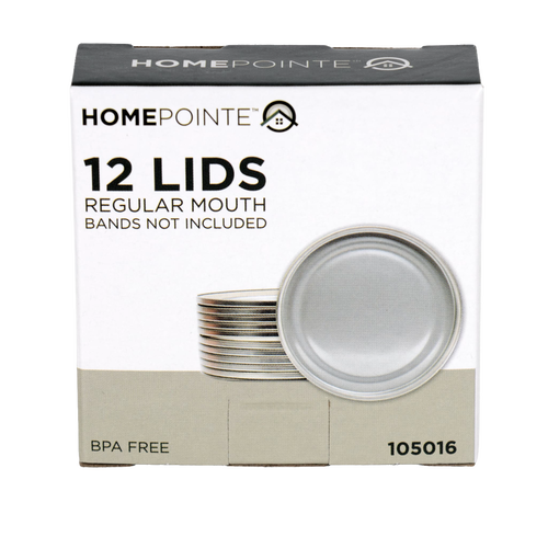Box of twelve silver-toned regular-mouth canning jar lids with BPA-free sealing compound, designed for Kitchen & Food, Food Preservation, and Canning collections.