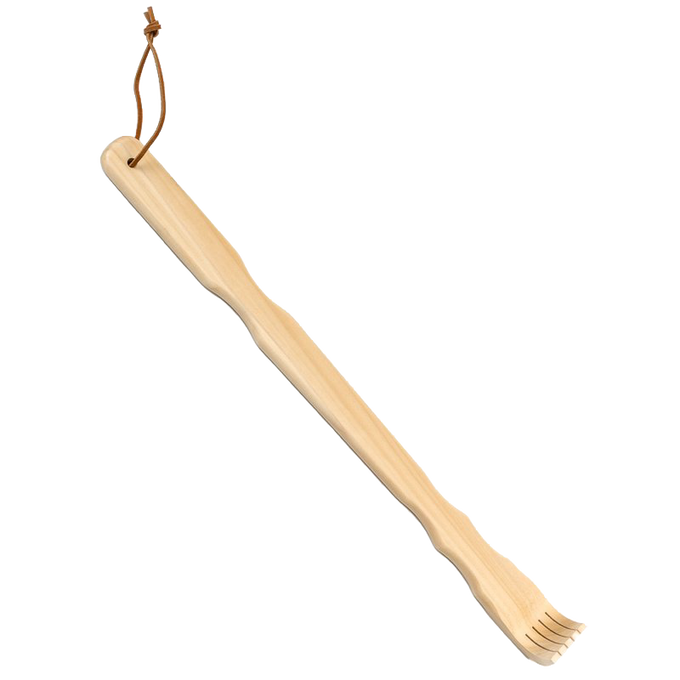 Handcrafted wooden backscratcher made from smooth poplar wood with a curved rake end and comfortable handle, designed for Health & Wellness and Grooming collections, USA made.