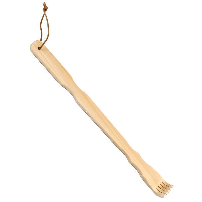 Handcrafted wooden backscratcher made from smooth poplar wood with a curved rake end and comfortable handle, designed for Health & Wellness and Grooming collections, USA made.