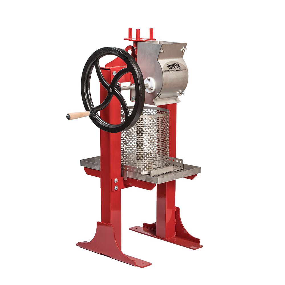 Unique handcrafted stainless steel cider press with a red frame and black cast iron crank, designed for farm and orchard use in Farm, Garden & Tool and Apple Harvest Supplies collections.