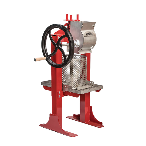 Unique handcrafted stainless steel cider press with a red frame and black cast iron crank, designed for farm and orchard use in Farm, Garden & Tool and Apple Harvest Supplies collections.