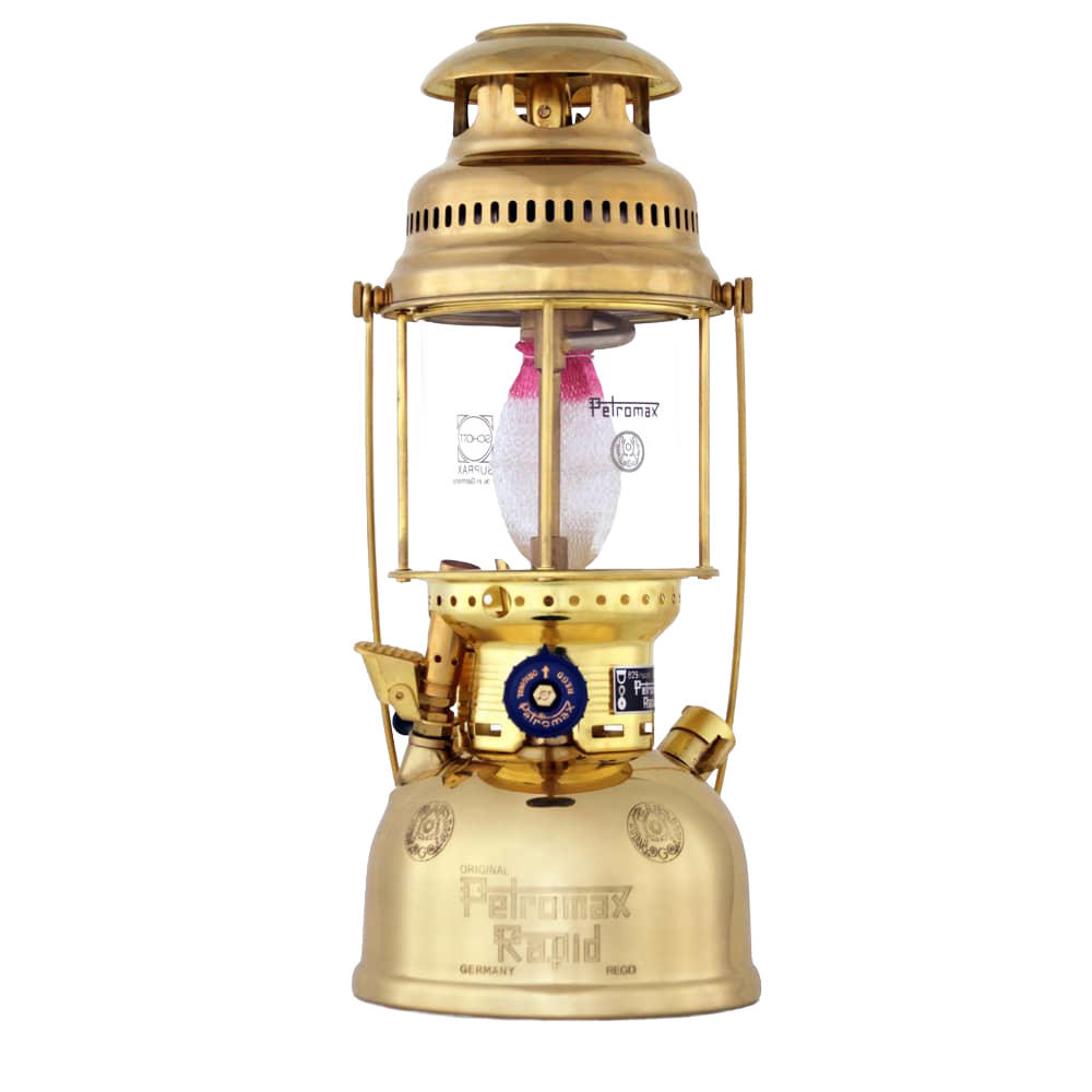 Vintage-style brass kerosene pressure lamp with glass globe and fabric mantle, designed for reliable bright light in camping, emergency supplies, and outdoor collections.