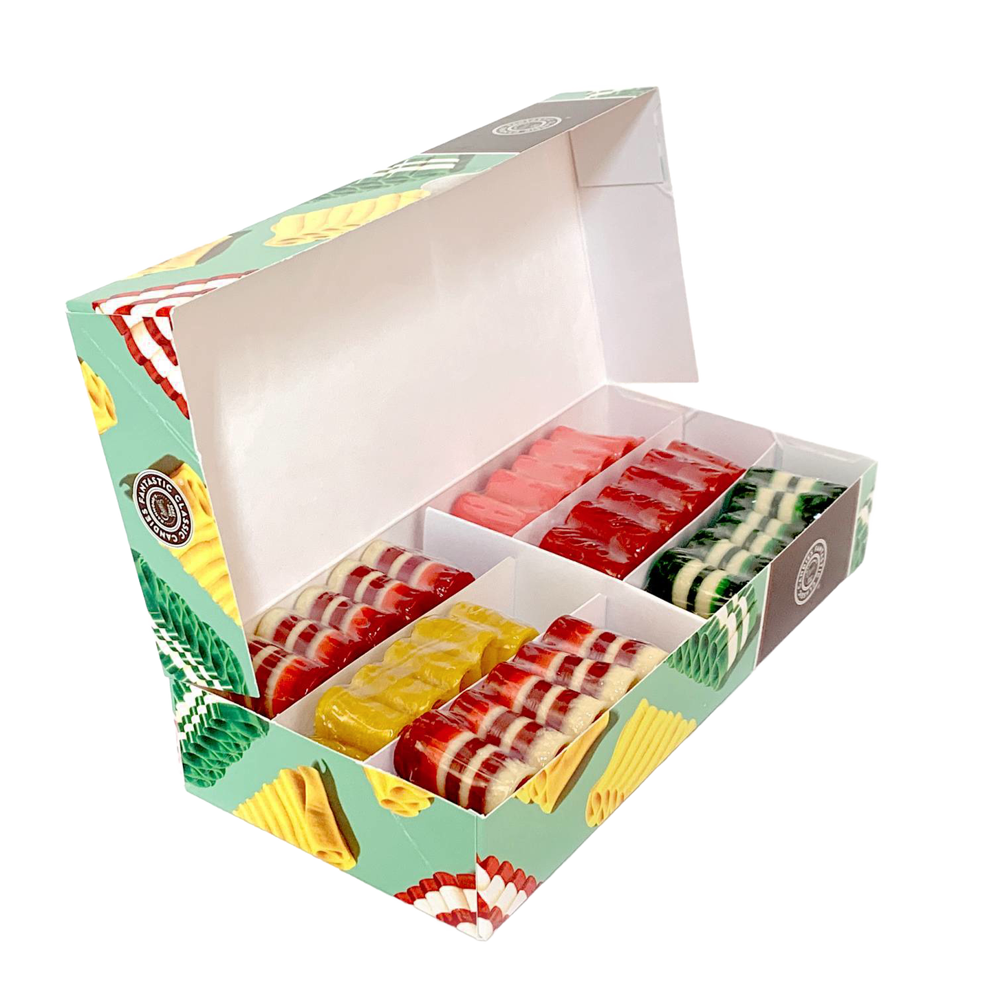 Assorted handspun ribbon candy gift box with vibrant flavors in red, pink, yellow, and green hues, handcrafted in the USA, perfect for Kitchen & Food and Snacks and Sweets collections.