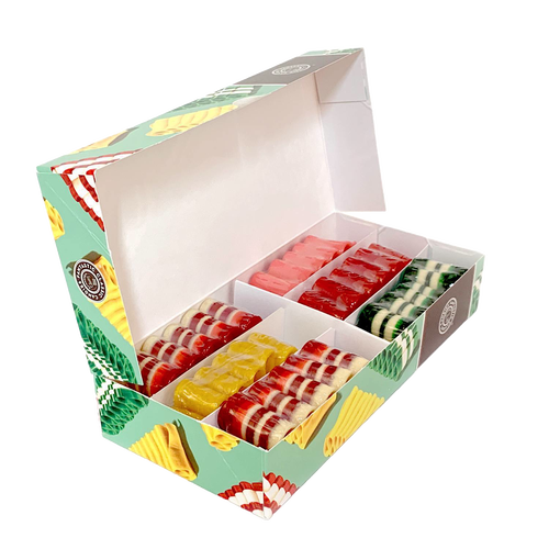 Assorted handspun ribbon candy gift box with vibrant flavors in red, pink, yellow, and green hues, handcrafted in the USA, perfect for Kitchen & Food and Snacks and Sweets collections.