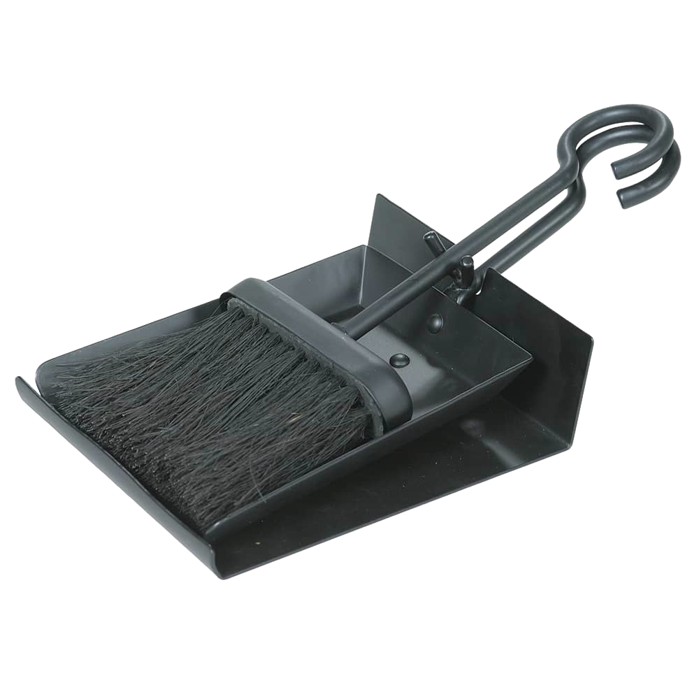 Compact black metal hearth shovel and brush set with pan, designed for smaller fireplaces, ideal for hearth accessories and stove collections.