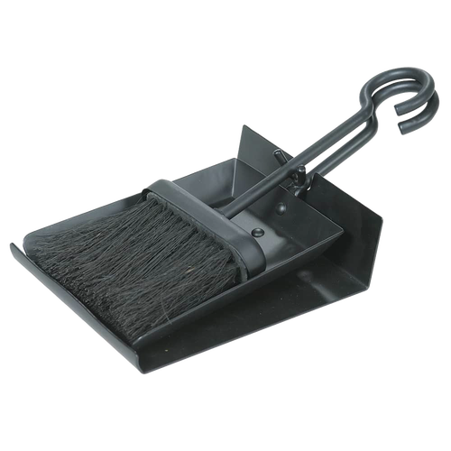 Compact black metal hearth shovel and brush set with pan, designed for smaller fireplaces, ideal for hearth accessories and stove collections.