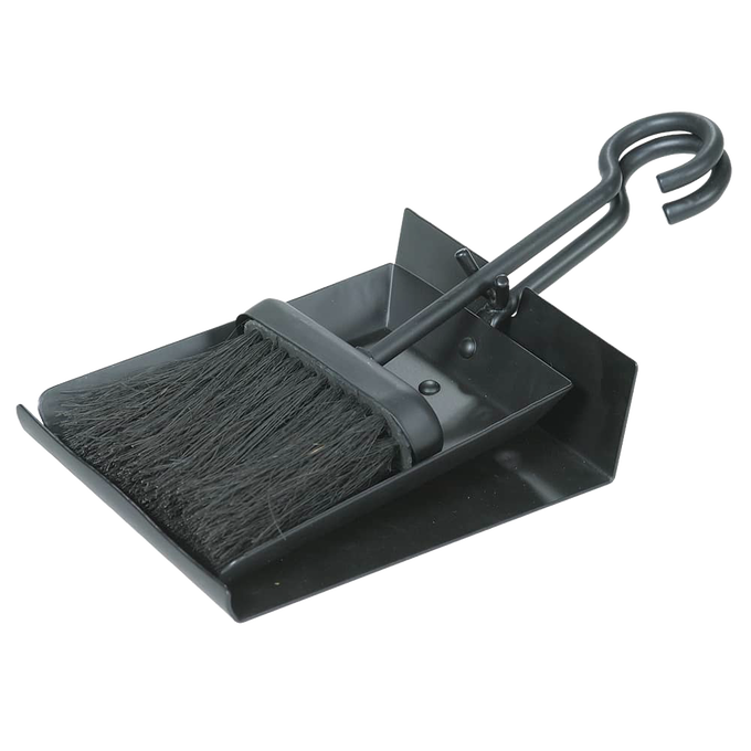 Compact black metal hearth shovel and brush set with pan, designed for smaller fireplaces, ideal for hearth accessories and stove collections.