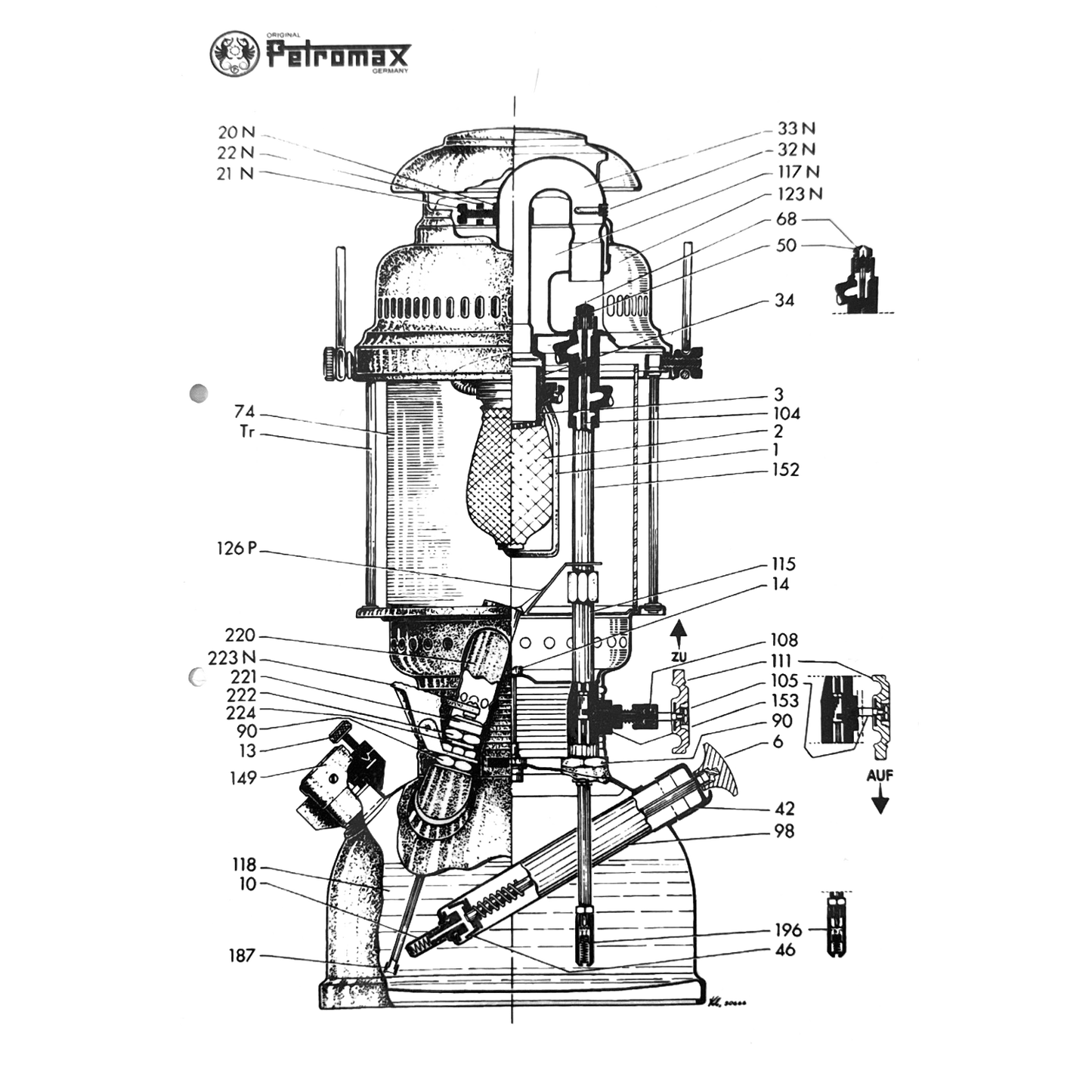 Technical line drawing of a Petromax pressure lamp showing detailed internal components labeled with arrows, ideal for Lamps & Lighting, Parts and Accessories, Other Parts, Best Sellers, Promo Eligible collections.