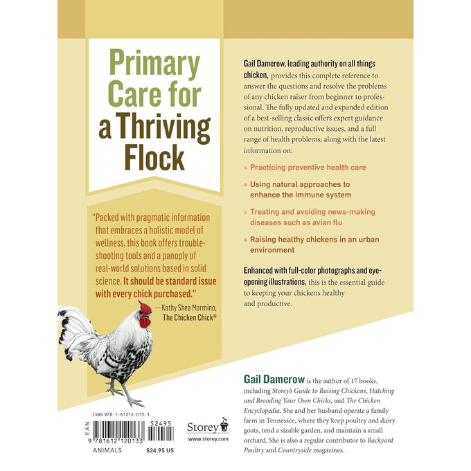 Back cover of a farmhouse-style book on flock health featuring a graphic of a black-and-white chicken, detailed author bio, and highlights of practical poultry care information, ideal for Farm, Garden & Tool and Livestock Books collections.