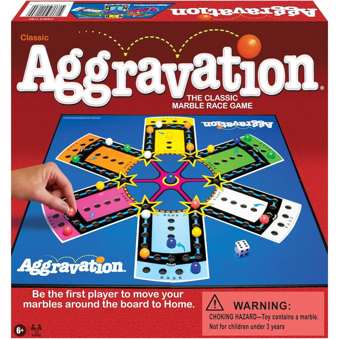 Boxed classic aggravation board game featuring colorful star-shaped paths, marbles, and dice on a blue playing surface, ideal for children's toys and family game collections.
