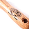 Close-up of the smooth wooden handle of a handcrafted weeding tool, featuring a stamped logo and a durable hole for hanging, ideal for Farm, Garden & Tool and Digging and Cultivating collections.