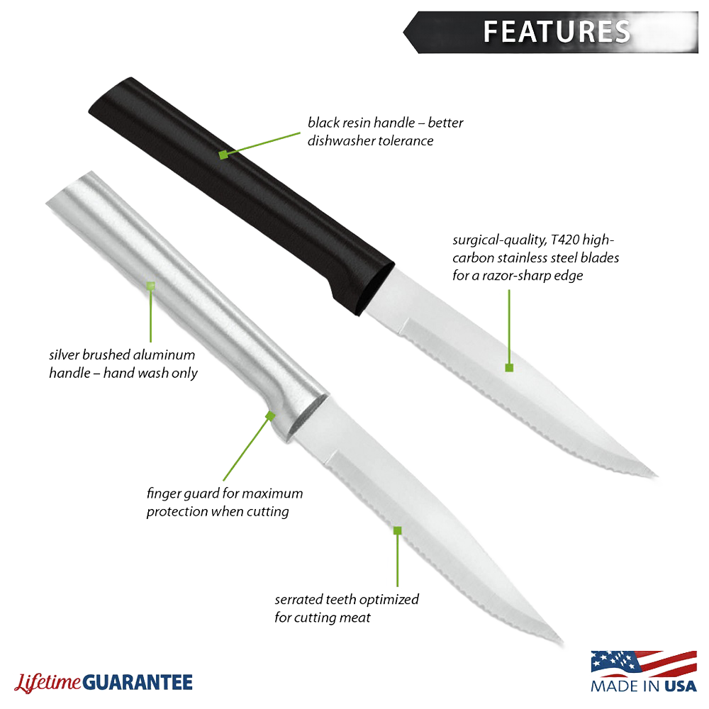 Pair of handcrafted Rada serrated steak knives with surgical quality stainless steel blades, featuring solid aluminum and black handles, made in USA for Kitchen & Food and Best Sellers collections.