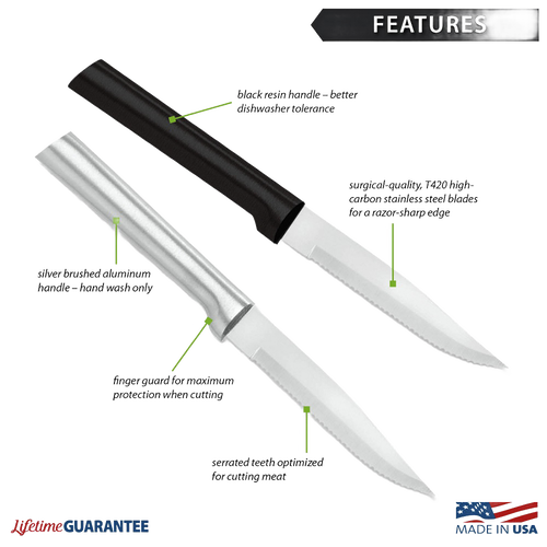Pair of handcrafted Rada serrated steak knives with surgical quality stainless steel blades, featuring solid aluminum and black handles, made in USA for Kitchen & Food and Best Sellers collections.