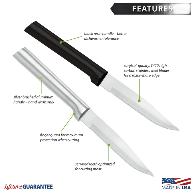 Pair of handcrafted Rada serrated steak knives with surgical quality stainless steel blades, featuring solid aluminum and black handles, made in USA for Kitchen & Food and Best Sellers collections.