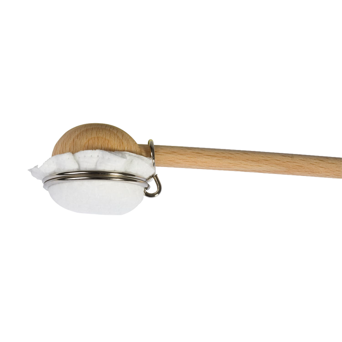 Long wooden-handled lotion applicator with three soft pads and a slightly curved head, designed for easy application in Health & Wellness and Grooming collections.