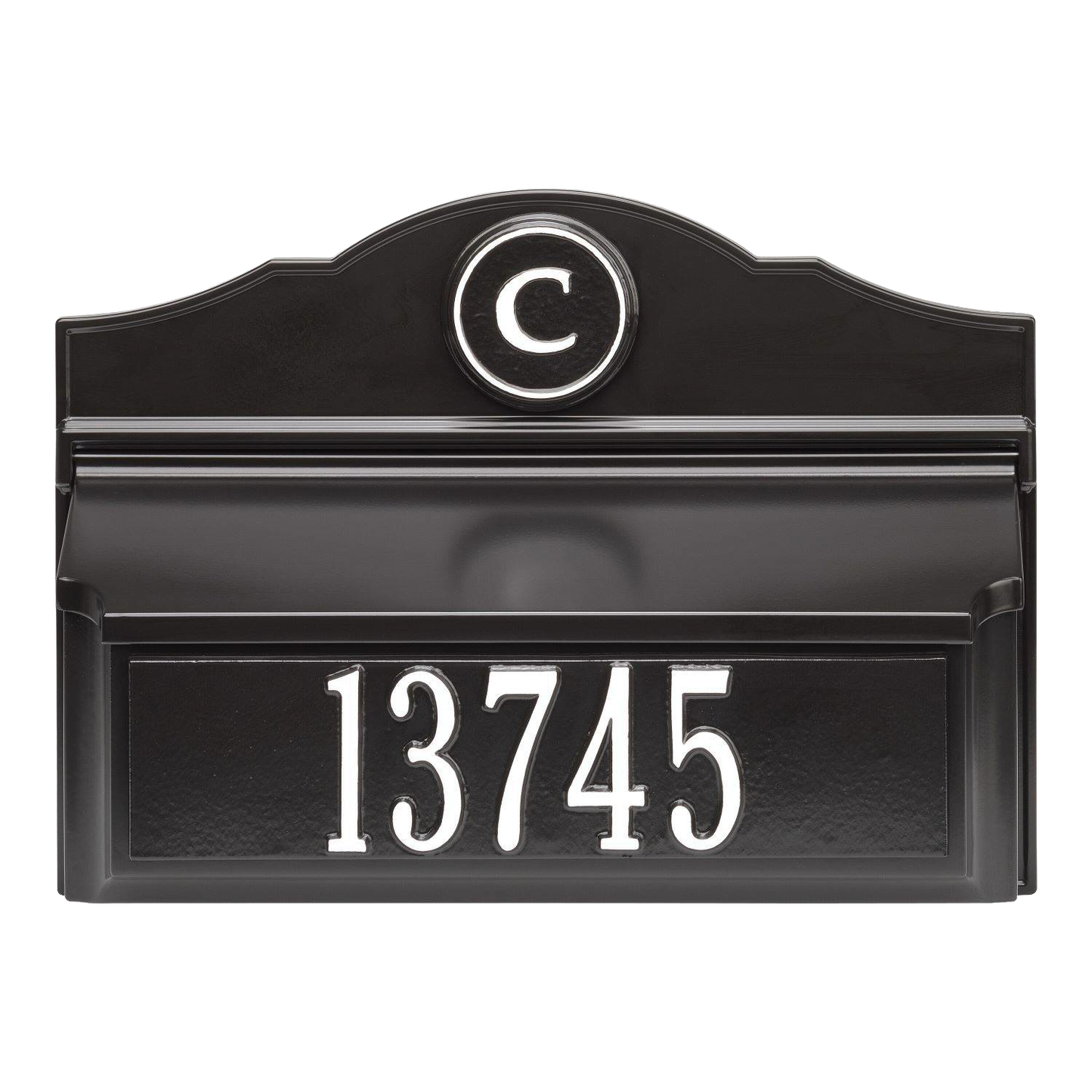 Black and white custom wall mount mailbox with prominent house number and monogram, handcrafted in the USA, enhancing curb appeal in Home & Decor and Mailboxes collections.