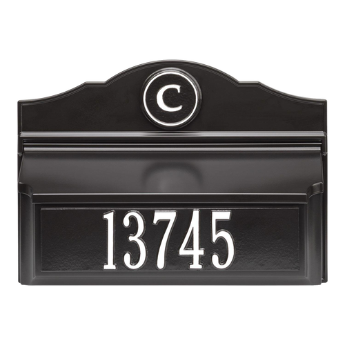 Black and white custom wall mount mailbox with prominent house number and monogram, handcrafted in the USA, enhancing curb appeal in Home & Decor and Mailboxes collections.